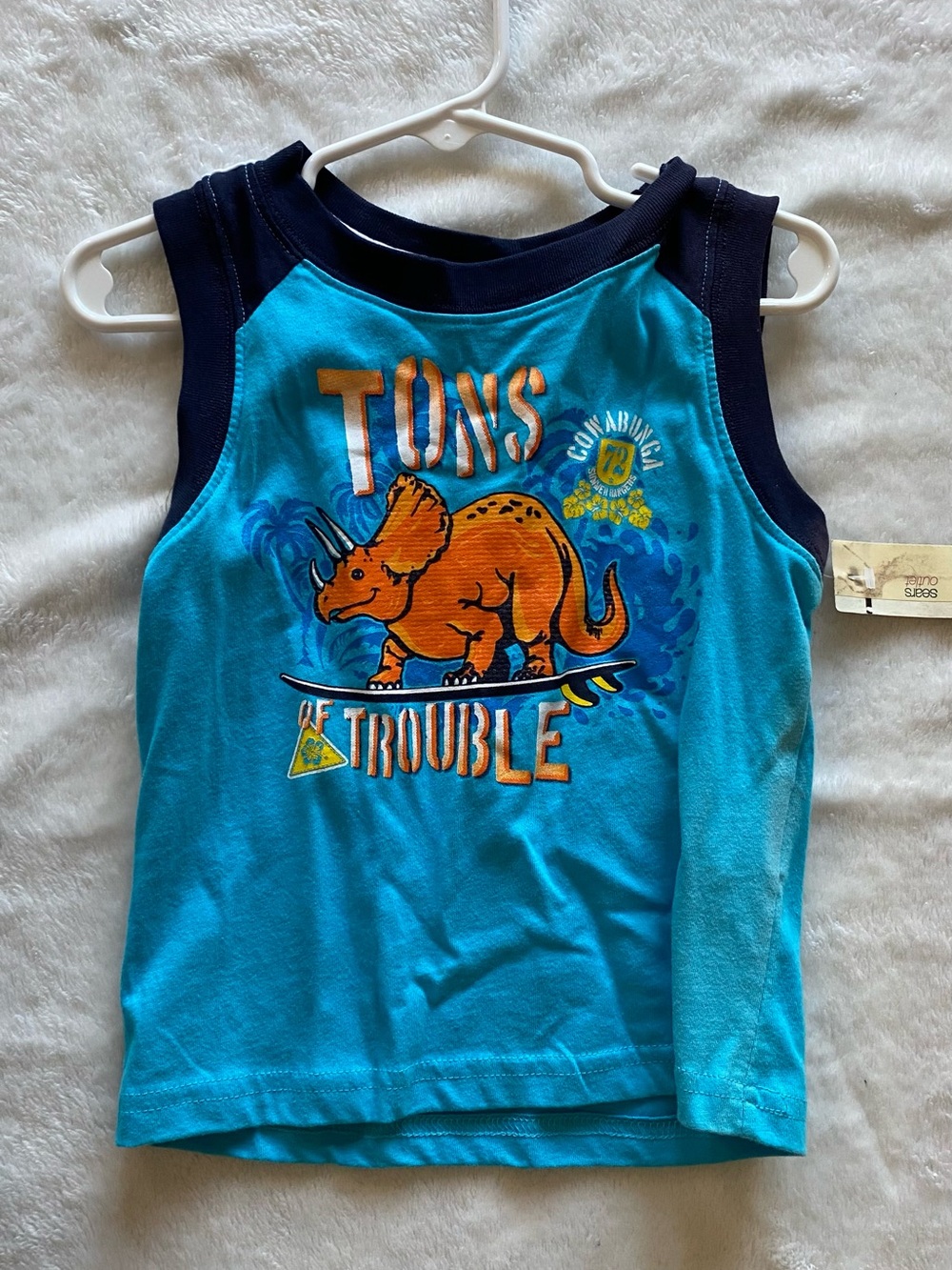 Kids Blue 'Tons of Trouble' Dino Tank Top. New size 18m